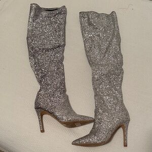 New York and Company Silver Glitter Thigh-High Boots